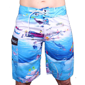 LEGEND IN HIS LAGOON BOARD SHORTS FRONT SIDE
