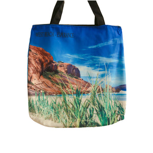West beach grass and rock tote bag
